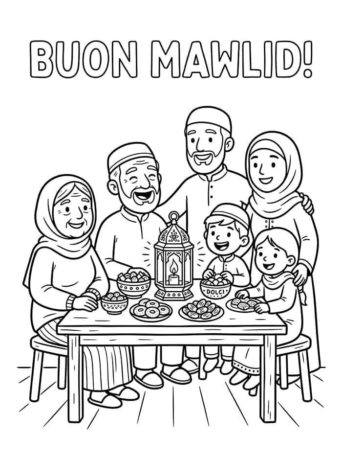 Famiglia in Festa per Mawlid da colorare