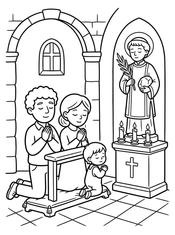 Famiglia inginocchiata per Santo Stefano da colorare