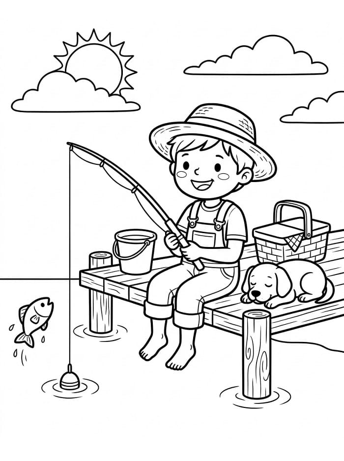 Felice bambino che pesca da colorare