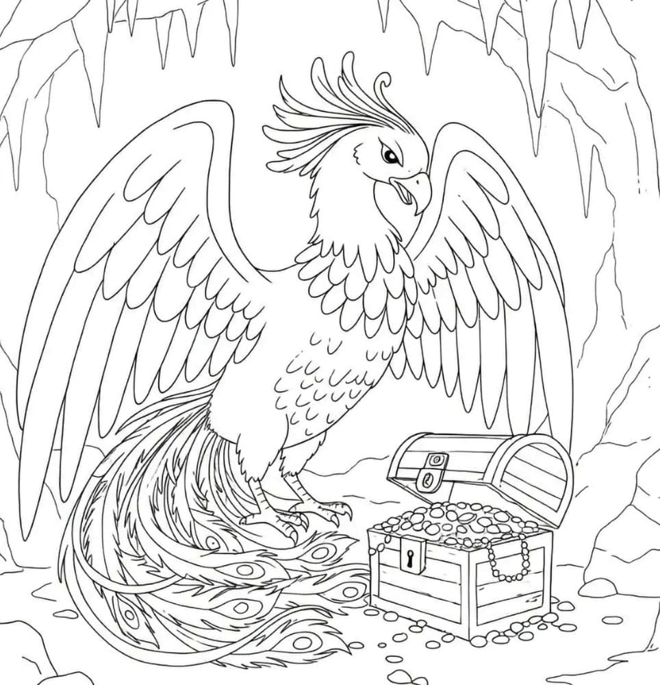 Fenice e il forziere del tesoro da colorare