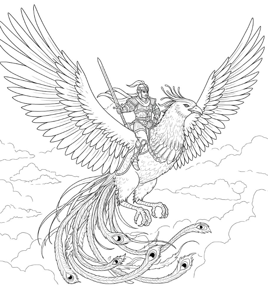 Fenice in volo tra le nuvole da colorare