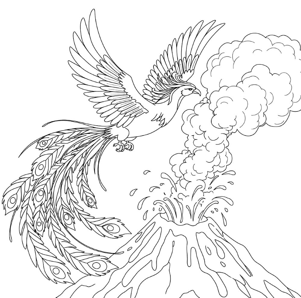 Fenice vicino al vulcano da colorare