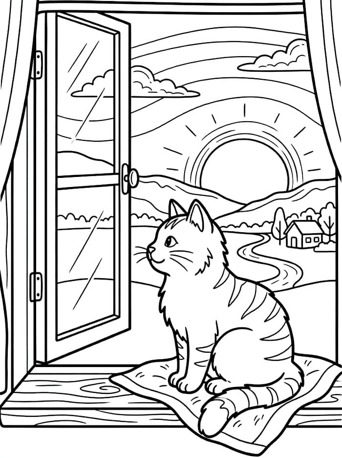 Gatto alla finestra al tramonto da colorare