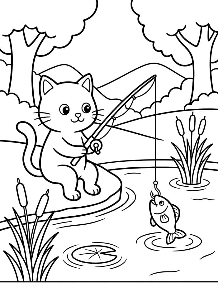 Gatto che pesca in uno stagno da colorare