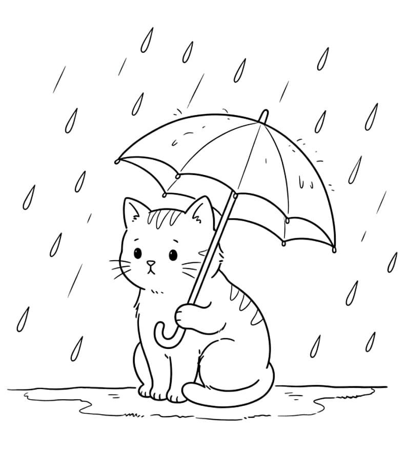 Gatto sotto la pioggia da colorare