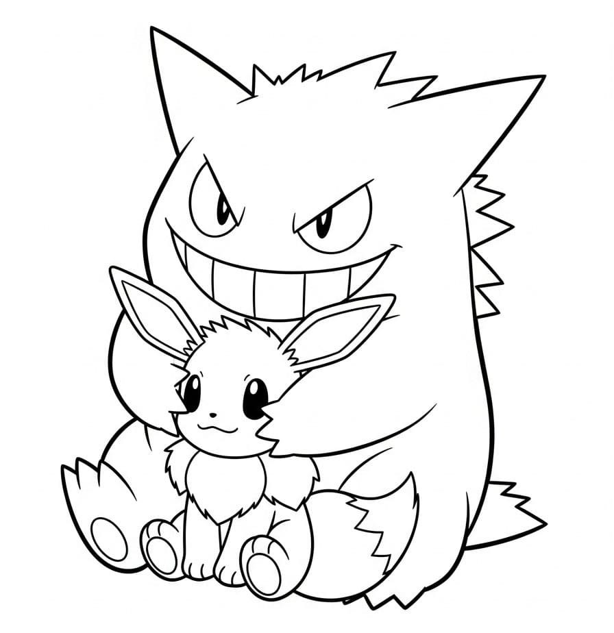 Gengar abbraccia Eevee da colorare