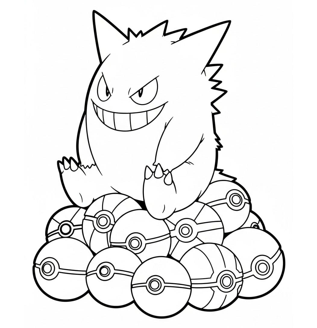 Gengar e una pila di Pokéball da colorare