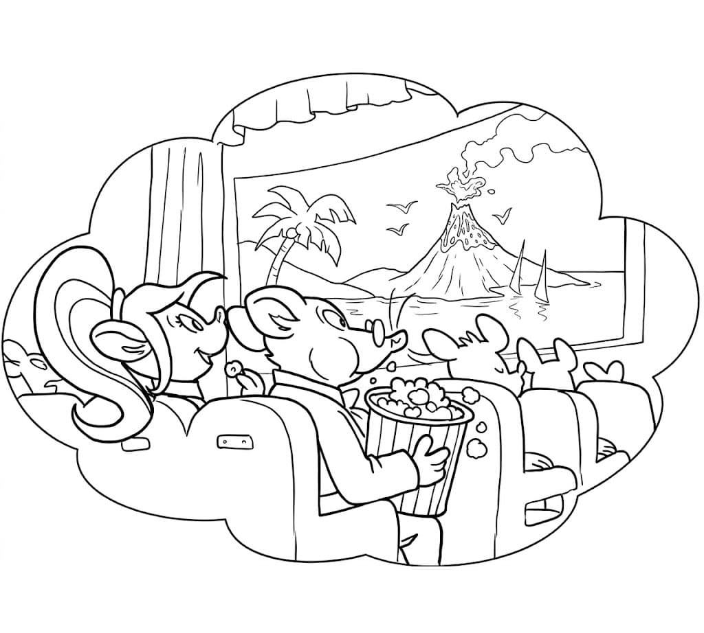 Geronimo e Petunia guardano un film da colorare