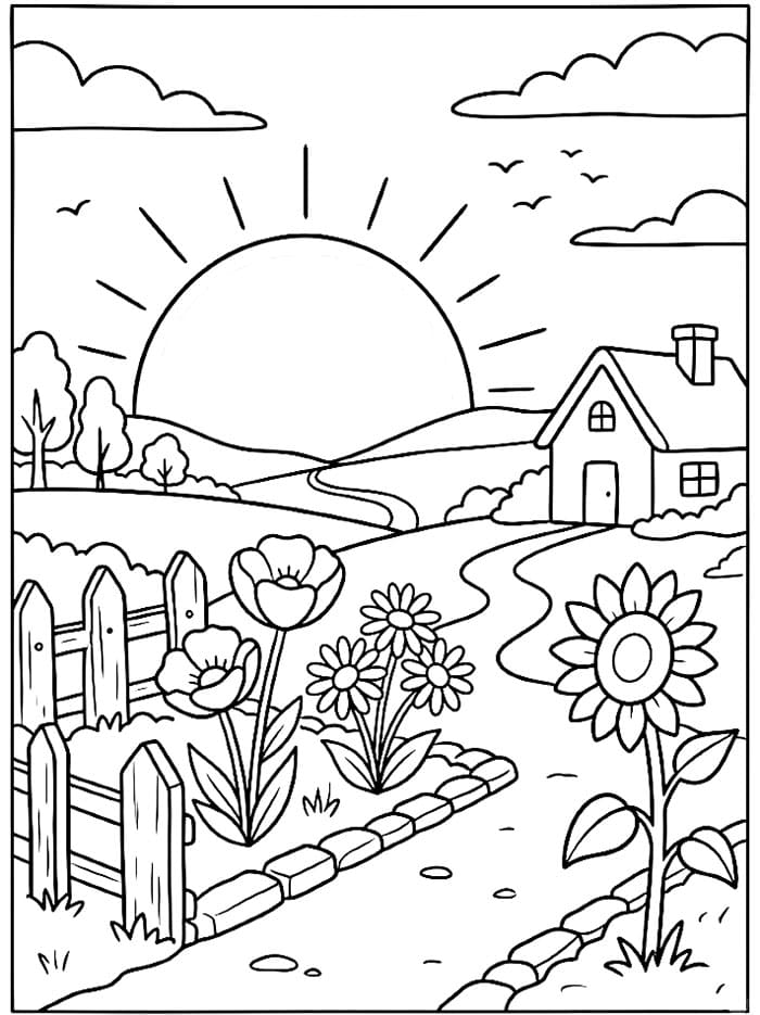 Giardino fiorito al tramonto da colorare