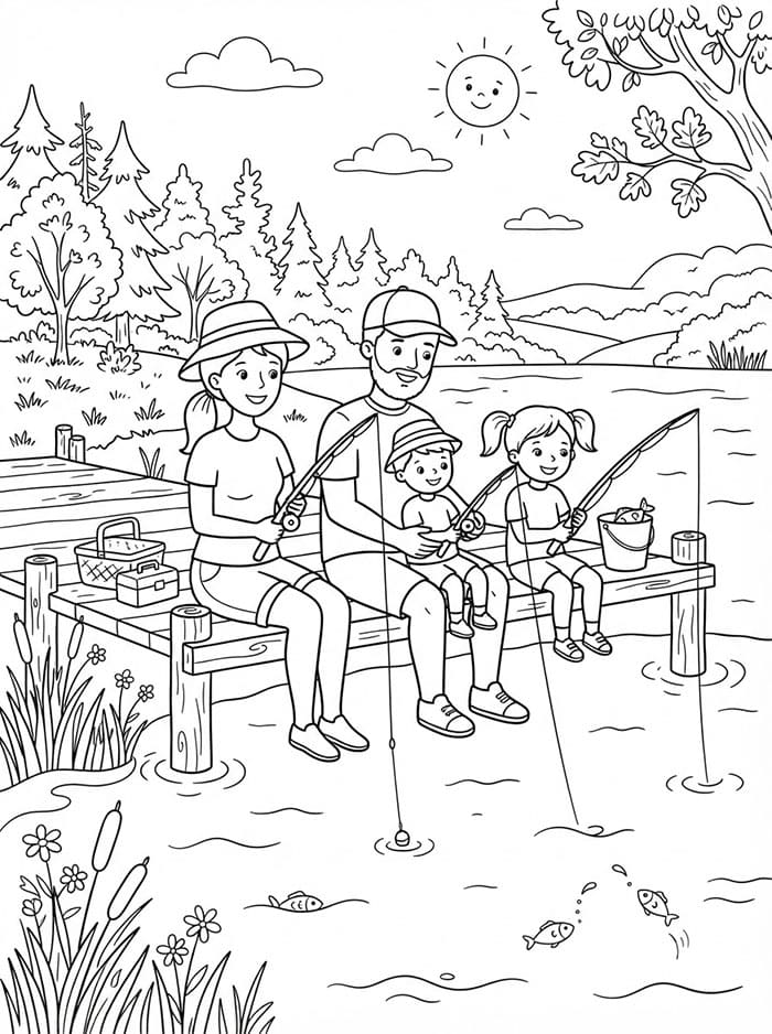 Giornata di pesca in famiglia da colorare