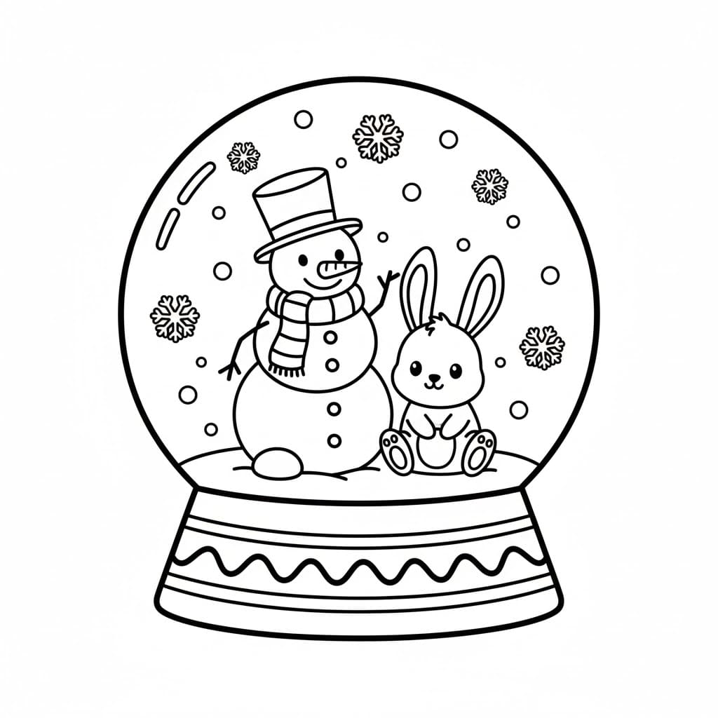 Globo di neve con pupazzo di neve e coniglio da colorare