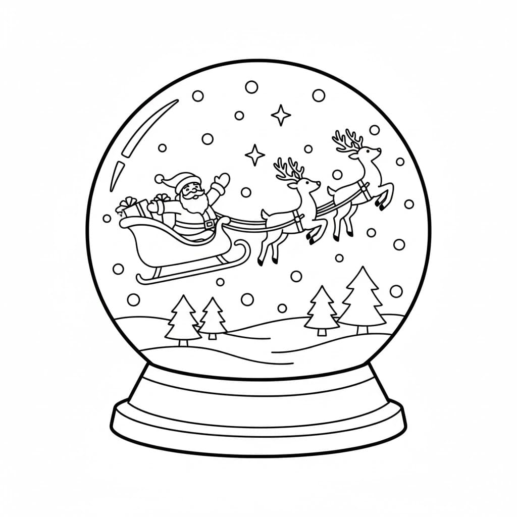 Globo di neve di Babbo Natale che cavalca le renne da colorare