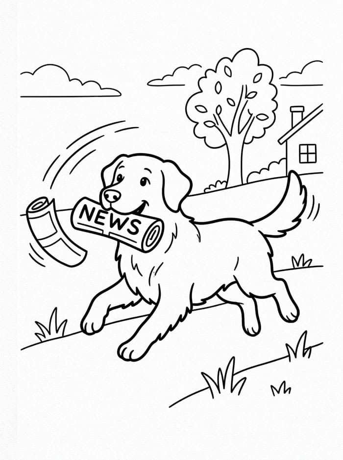 Golden Retriever che lancia il giornale da colorare