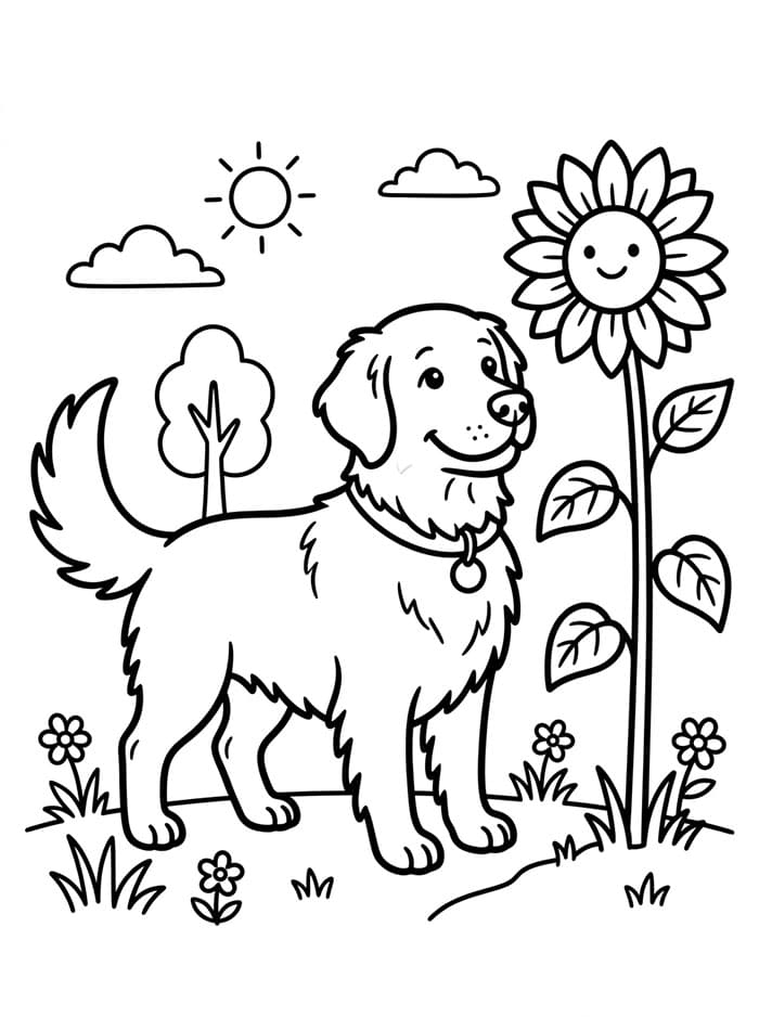 Golden Retriever con girasole da colorare