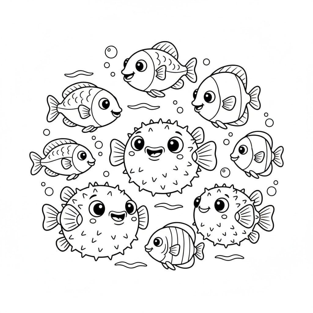 Gruppo di pesci palla felici da colorare