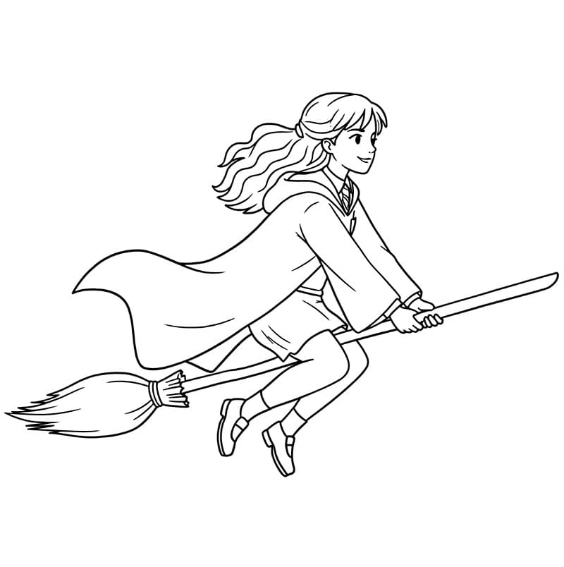 Hermione Granger cavalca una scopa da colorare
