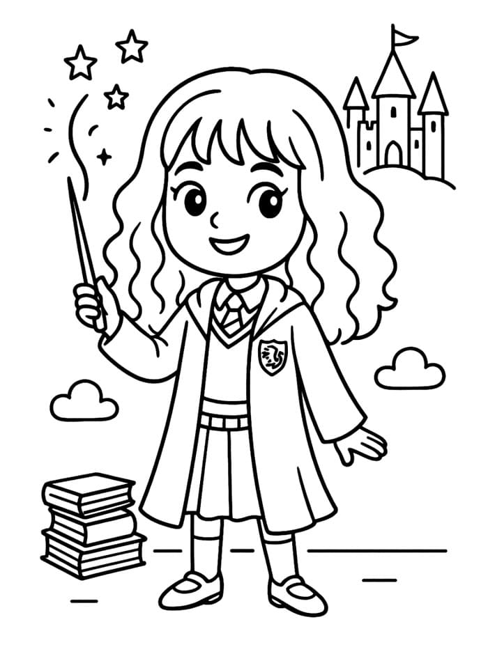 Hermione Granger che lancia un incantesimo da colorare