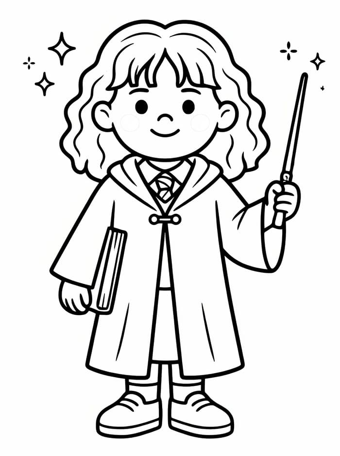 Hermione Granger che tiene in mano la bacchetta da colorare