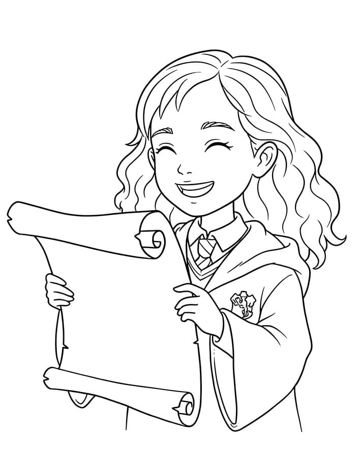 Hermione Granger che tiene in mano una pergamena da colorare