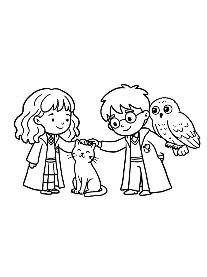 Hermione Granger con i suoi animali domestici da colorare