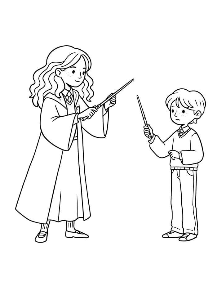Hermione Granger si esercita con la magia con Harry da colorare