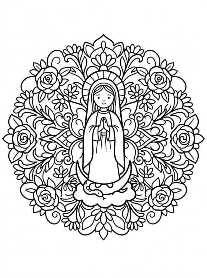 Immacolata Concezione all'interno di un mandala floreale da colorare