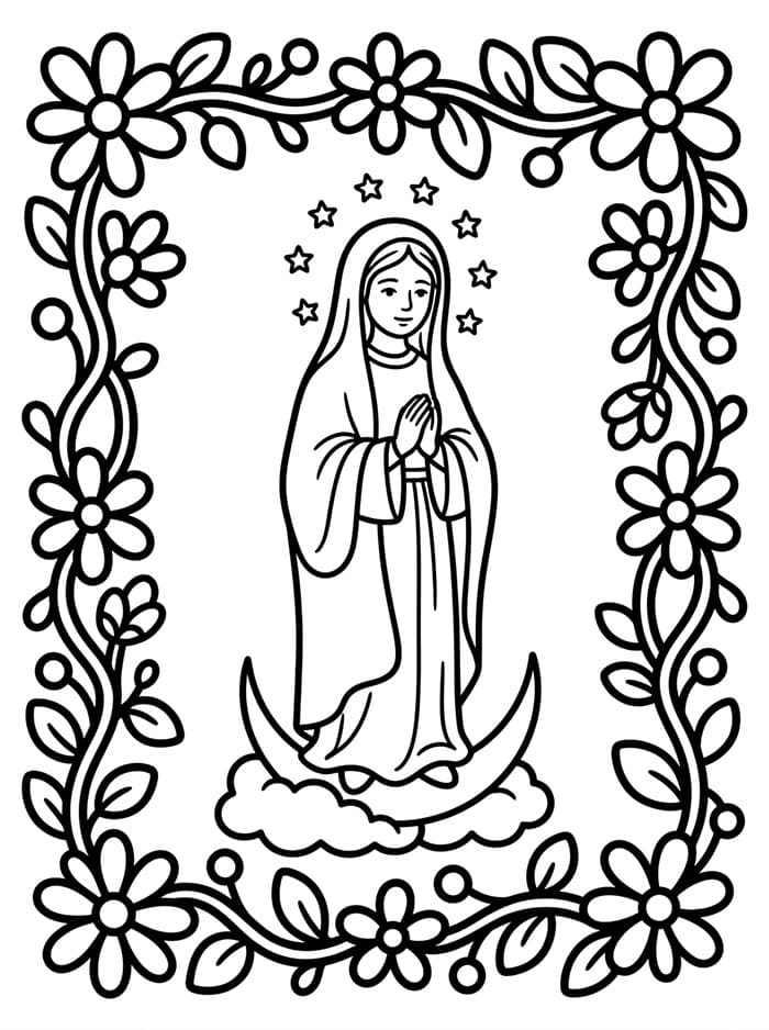 Immacolata Concezione all'interno di una cornice floreale da colorare