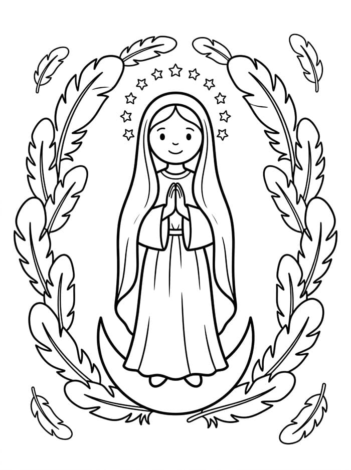 Immacolata Concezione circondata da piume da colorare