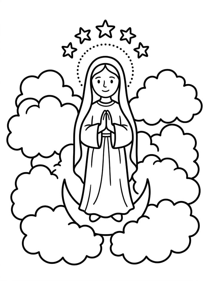 Immacolata Concezione circondata da soffici nuvole da colorare