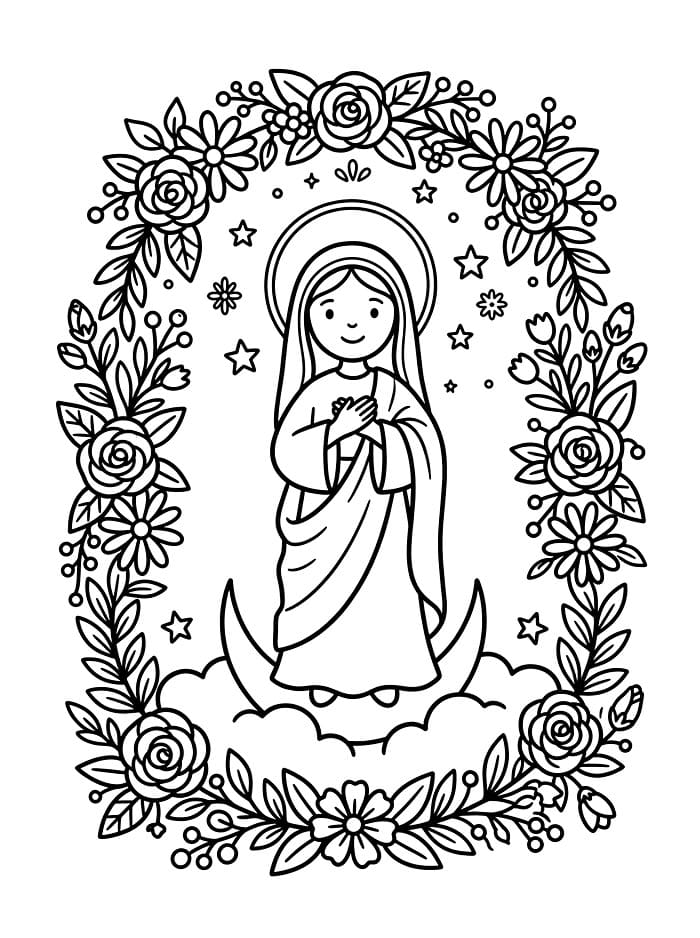 Immacolata Concezione con ghirlande di fiori da colorare