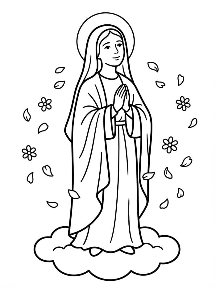 Immacolata Concezione con petali di fiori fluttuanti da colorare