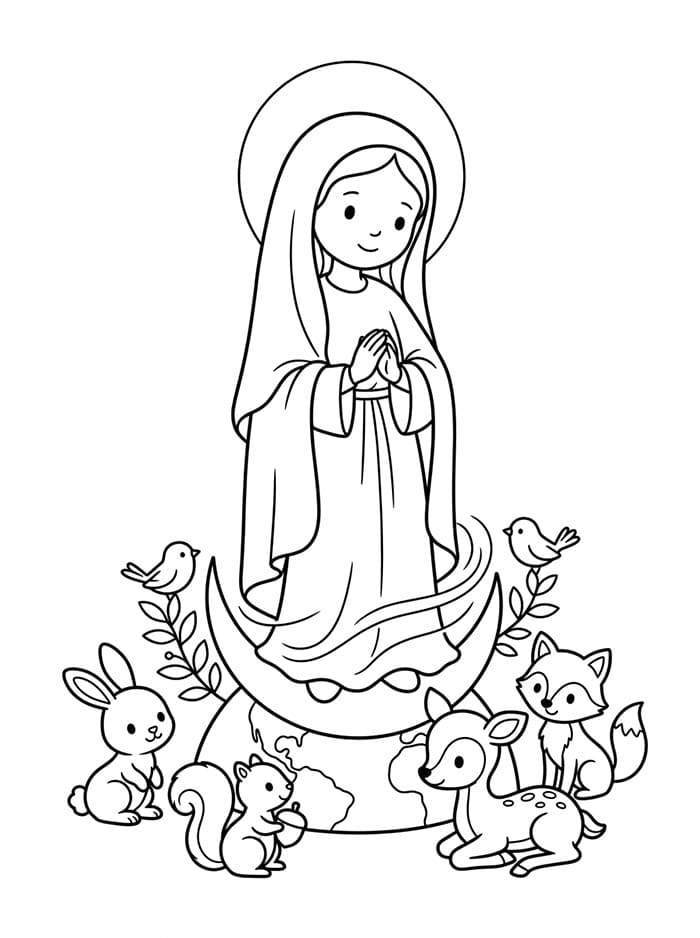 Immacolata Concezione con piccoli animali del bosco da colorare