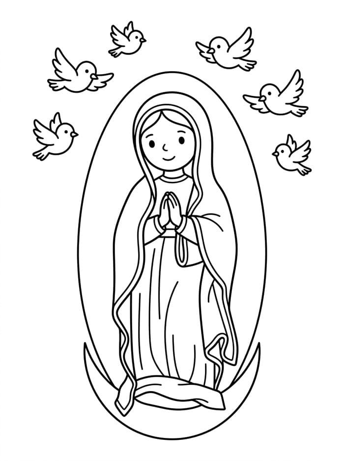 Immacolata Concezione con uccelli in volo nelle vicinanze da colorare