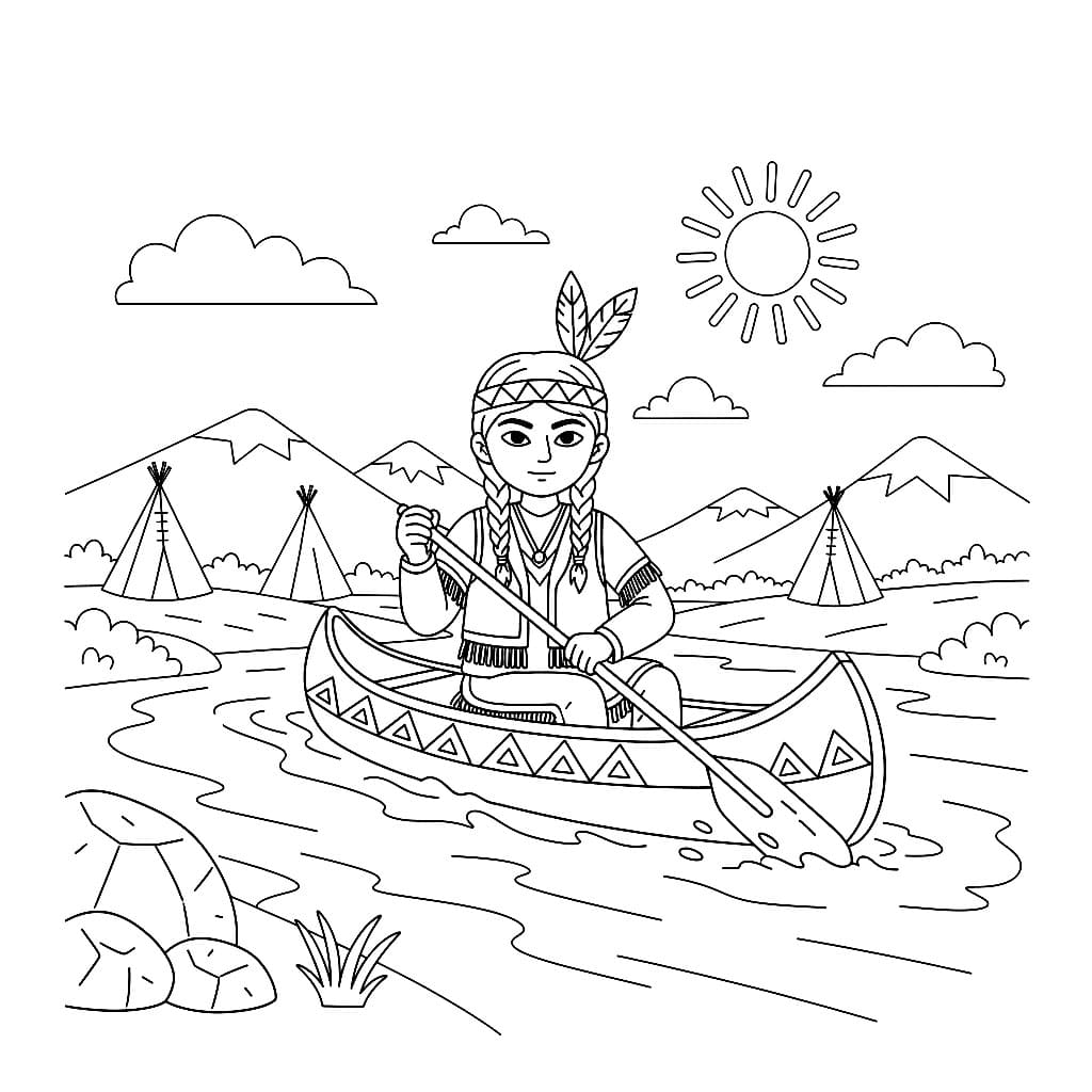 Indiani che remano sulle barche da colorare