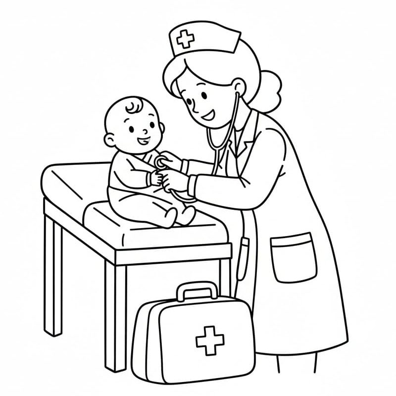 Infermiera che visita un neonato da colorare