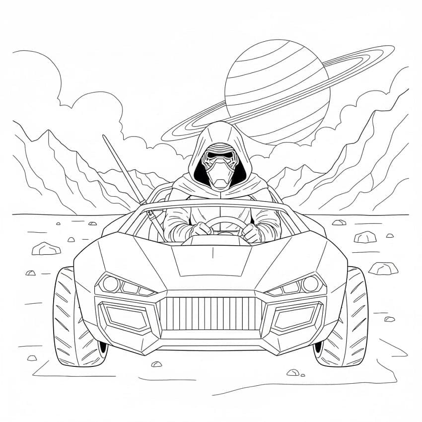Kylo Ren alla guida di un'auto da colorare
