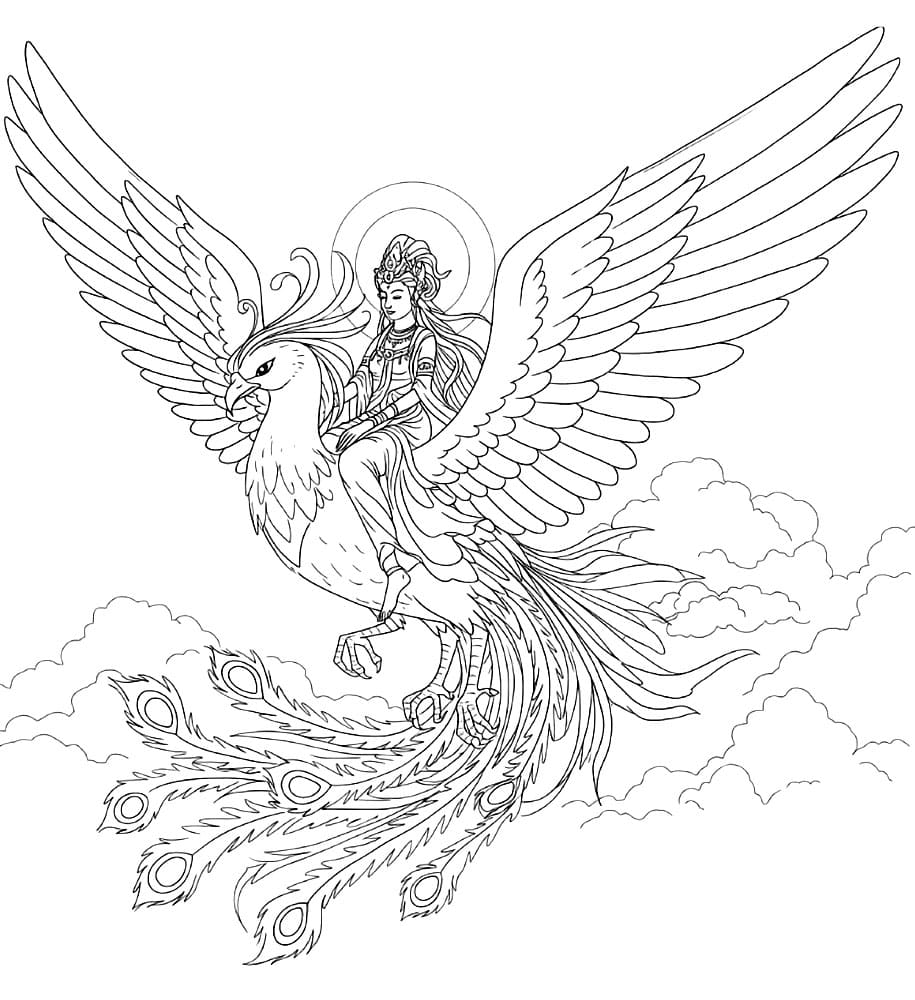 La dea che cavalca la fenice da colorare