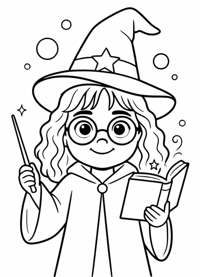 La piccola Hermione Granger con la bacchetta da colorare
