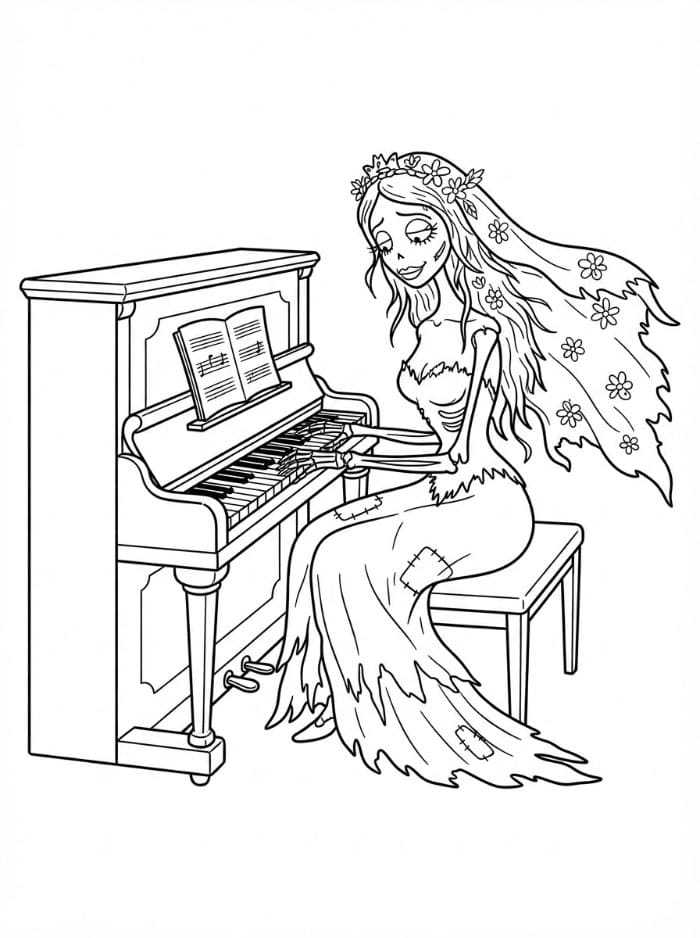 La sposa cadavere che suona il pianoforte da colorare