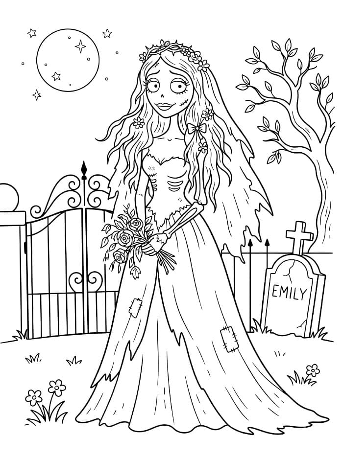 La sposa cadavere con un bouquet da colorare