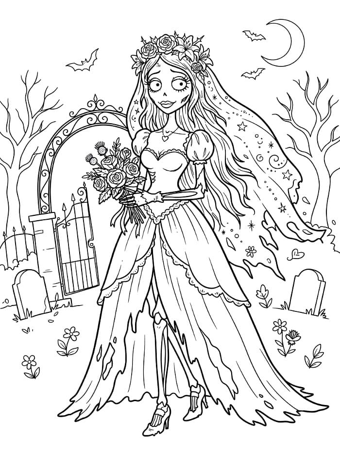 La sposa cadavere in abito da sposa da colorare