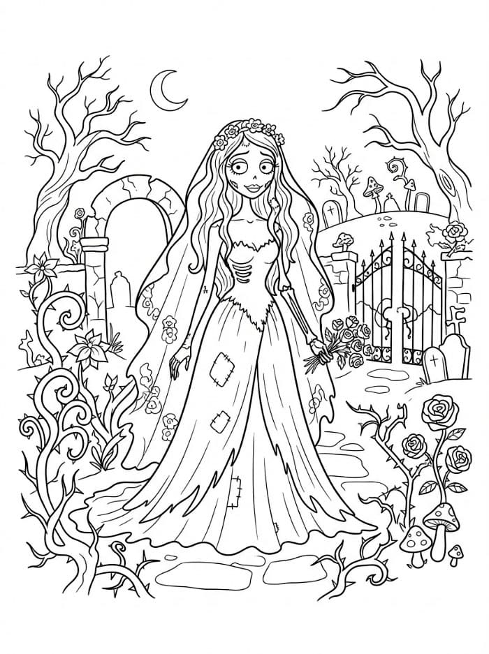 La sposa cadavere in un giardino infestato da colorare
