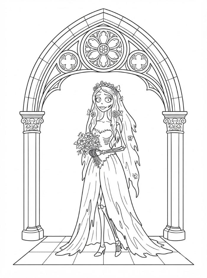 La sposa cadavere sotto un arco gotico da colorare