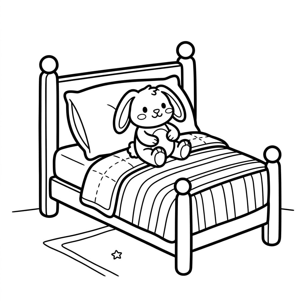 Letto con coniglio di peluche da colorare