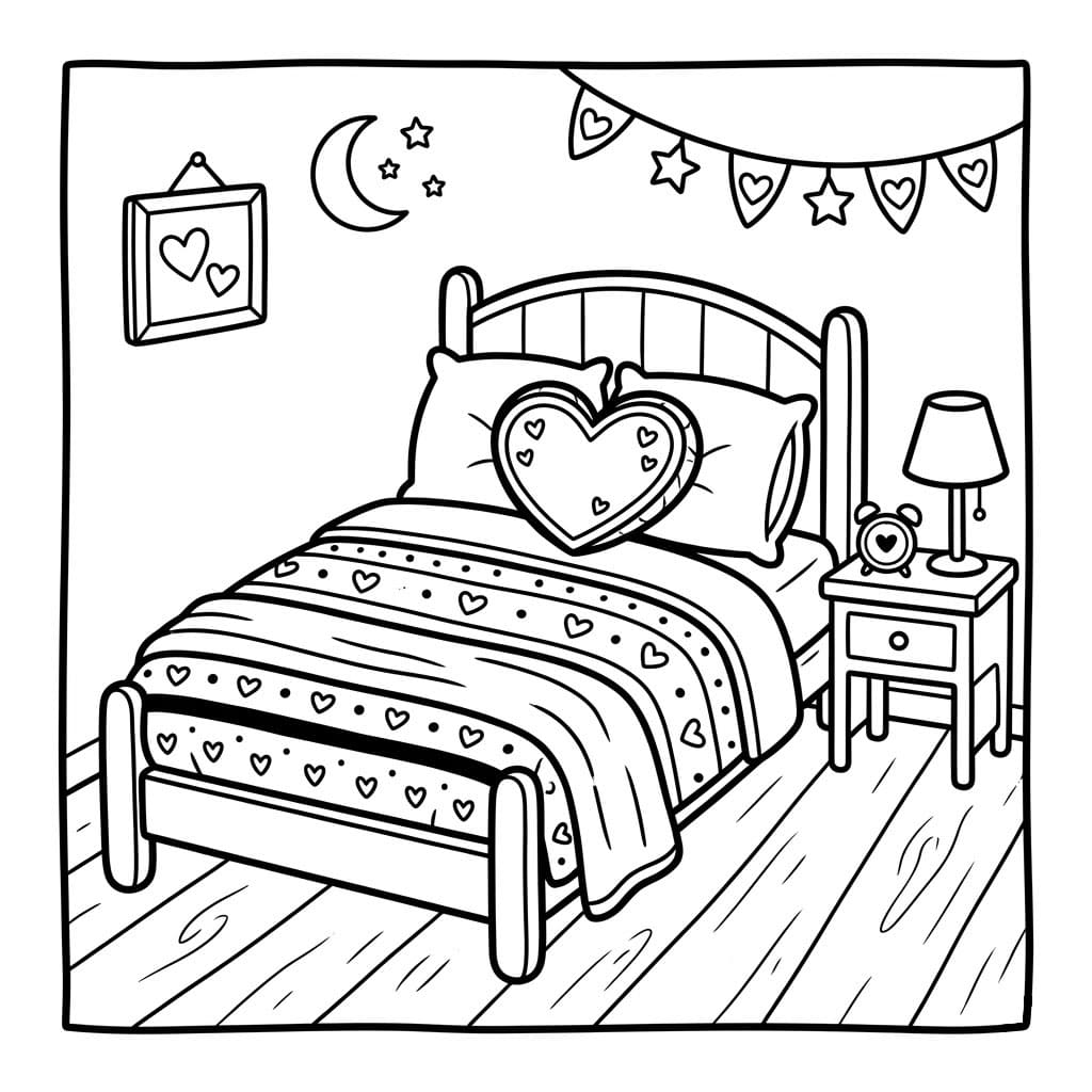 Letto con cuscino a cuore da colorare