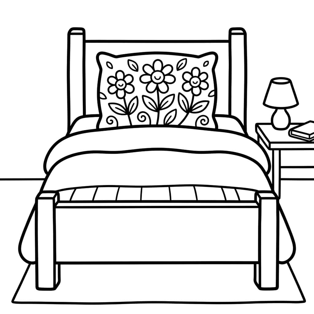 Letto con cuscino a fiore da colorare