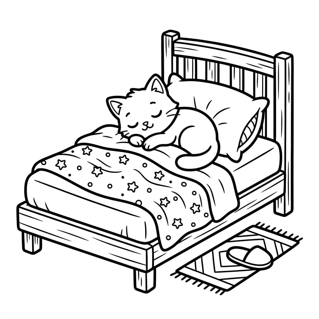 Letto con gatto che dorme da colorare