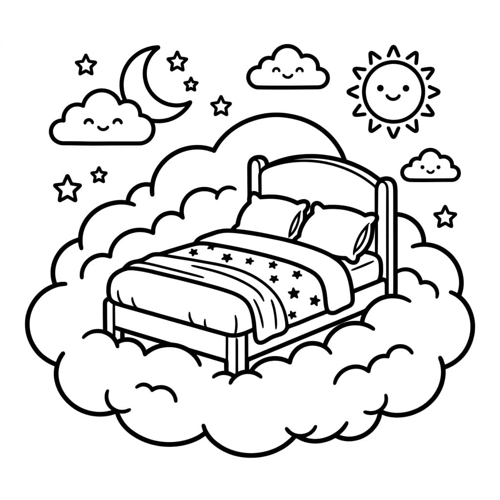 Letto sulle nuvole da colorare