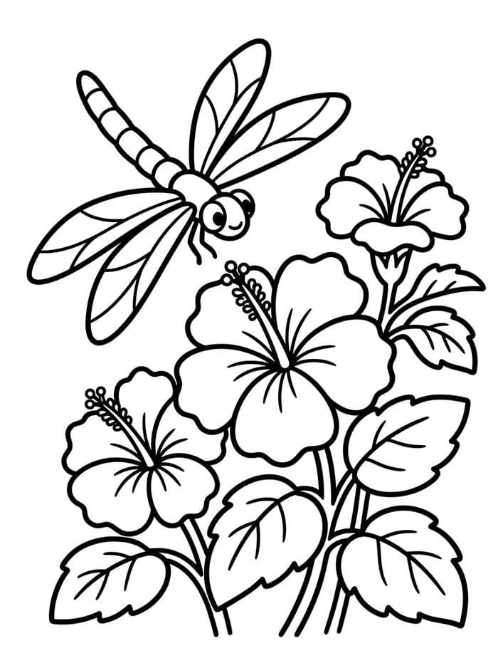 Libellula tra gli ibisco da colorare