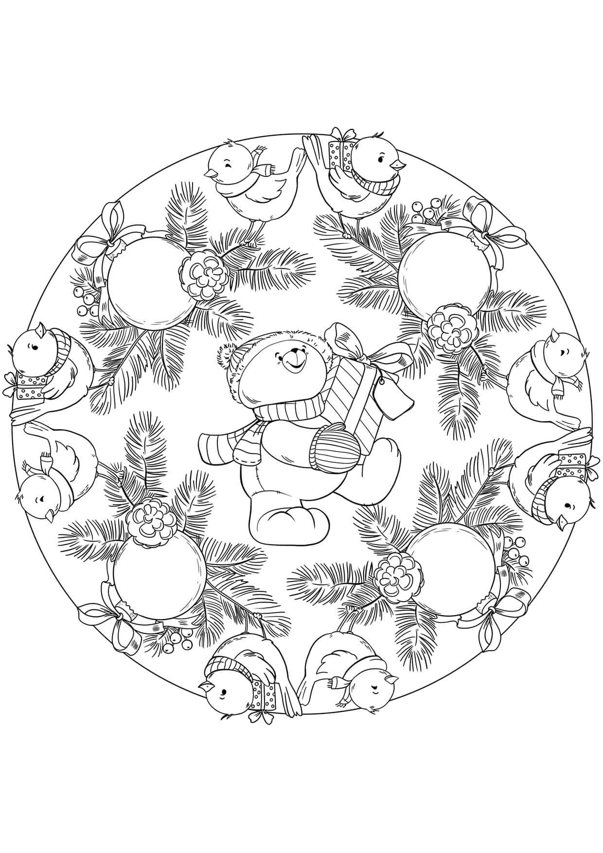 Mandala di Natale con un orsacchiotto da colorare